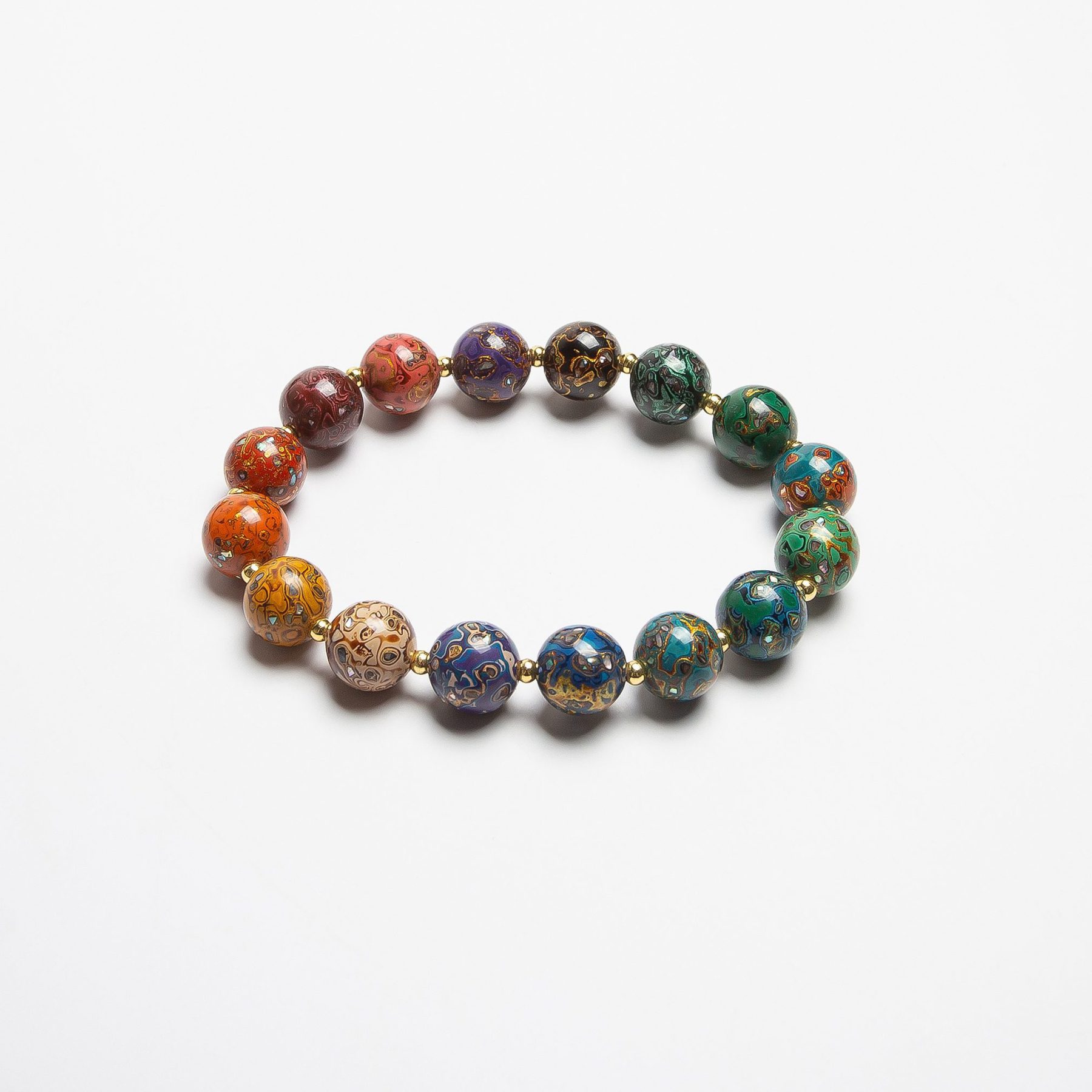 Rainbow lacquer bracelet – A handcrafted artisan bangle featuring 18 colorful beads, inspired by traditional Chinese lacquerware techniques and celebrating diversity and inclusivity.
